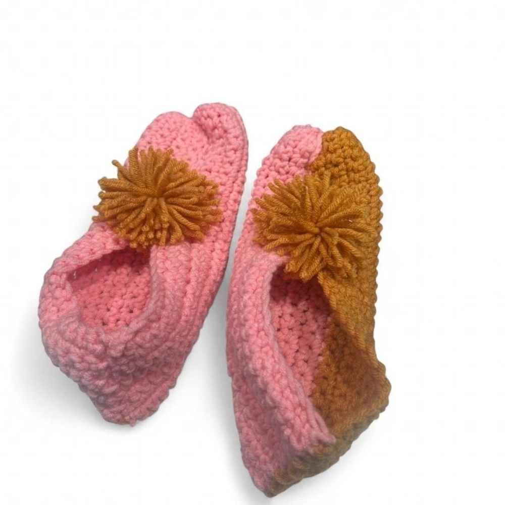 Handmade Pink and orange crochet slippers with pom‎ pom detail